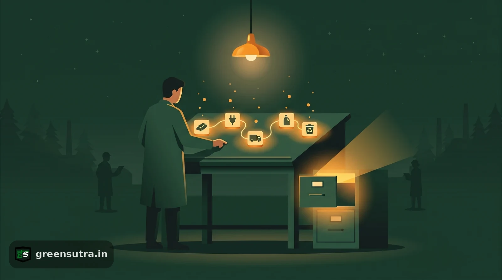 Night-vector figure tracing a value chain of glowing icons at a ledger desk, illustrating product carbon footprint data for LCA