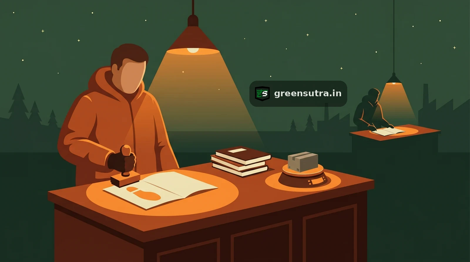 Night-vector scene of a faceless figure stamping a product carbon footprint document under amber light for LCA verification