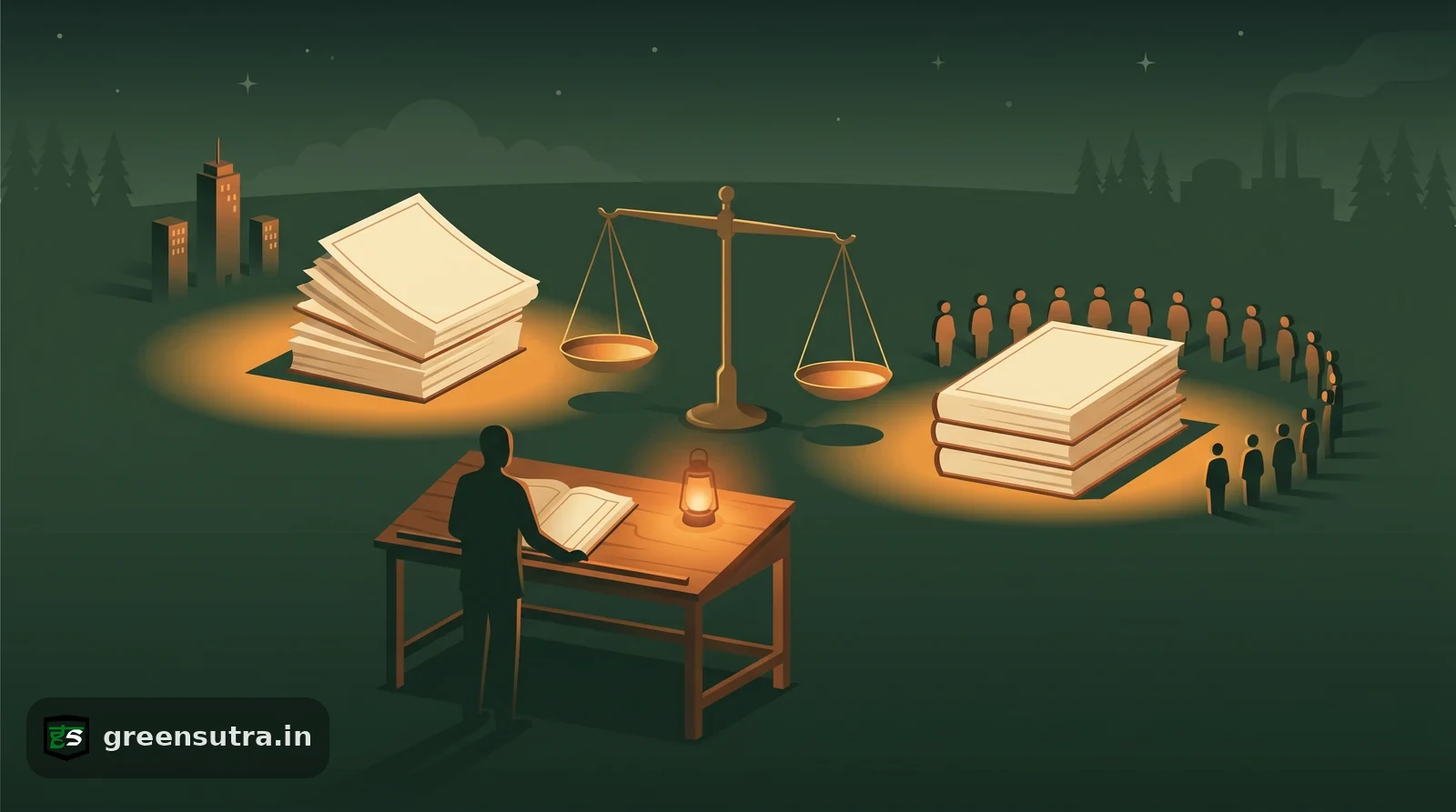 Faceless figure weighs two ESG reporting document stacks on a balance scale, SASB vs GRI theme