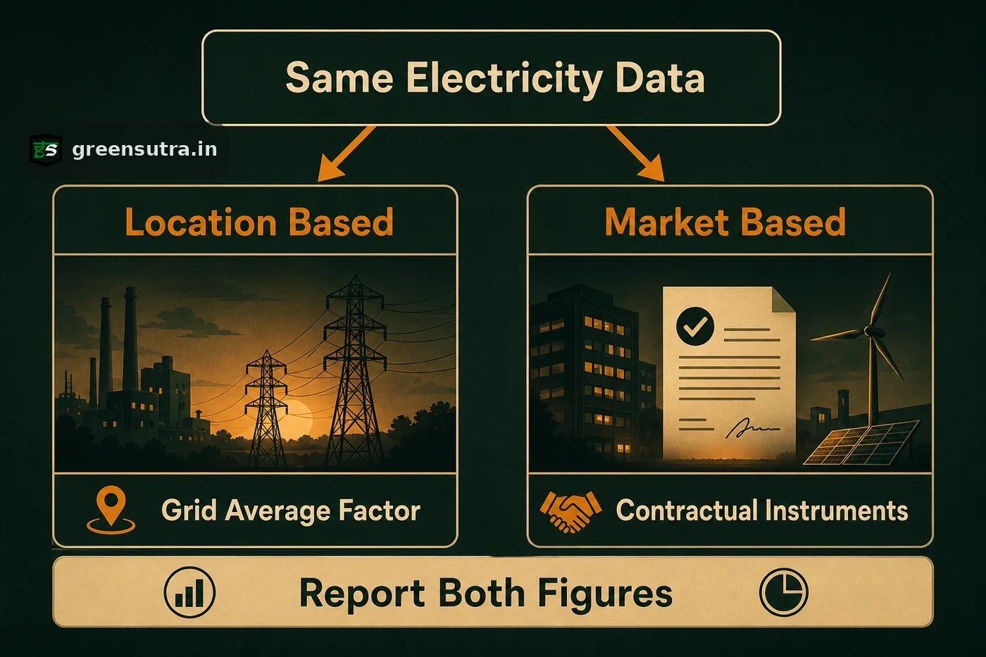 Diagram: one electricity dataset splitting into location-based and market-based Scope 2 carbon footprint methods