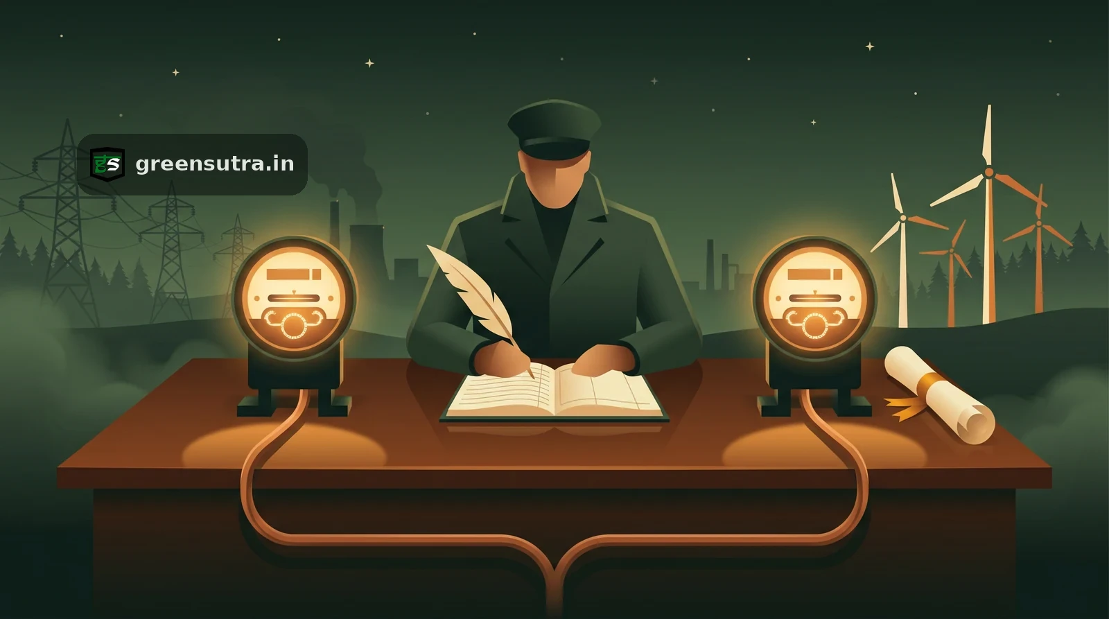 Night vector of a faceless figure at a ledger desk comparing two glowing electricity meters, carbon footprint Scope 2
