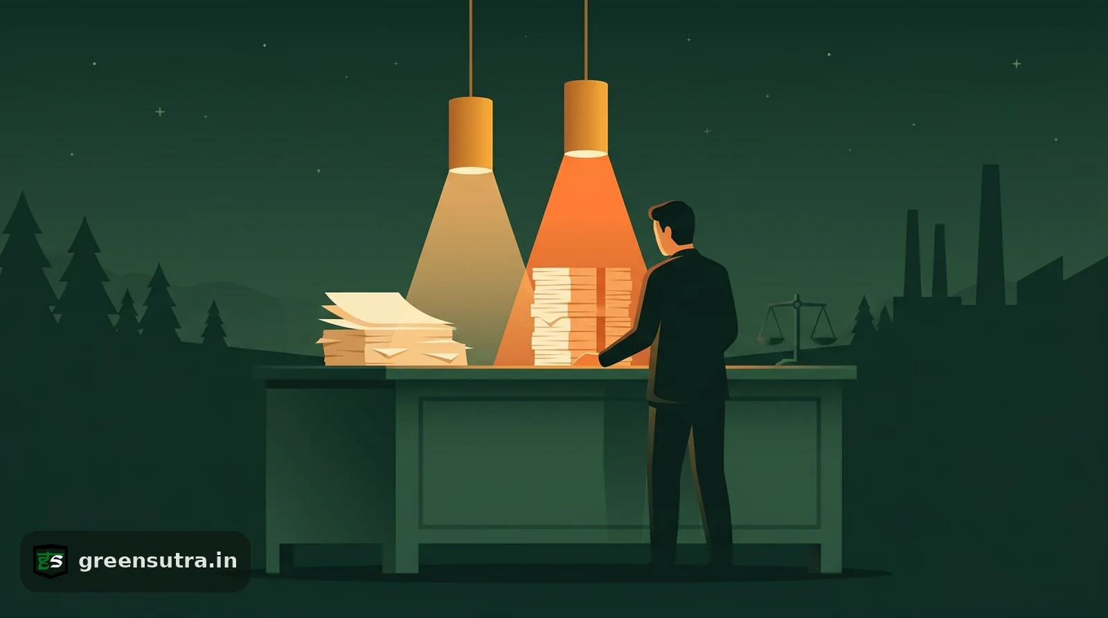 Night-vector scene of a worker sorting two stacks of life cycle assessment charts under amber light