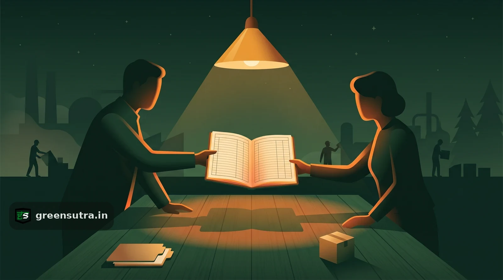 Night-vector scene of a supplier handing an emissions ledger to a buyer, a Carbon Footprint Scope 3 data request