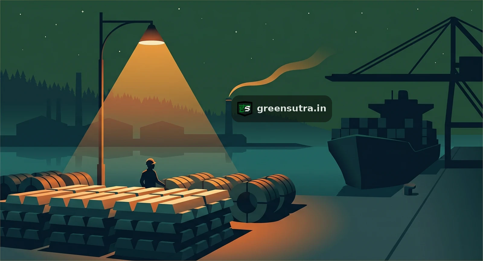 Stacked aluminium ingots on an EU import quay with a container ship at night, for the top aluminium suppliers under CBAM