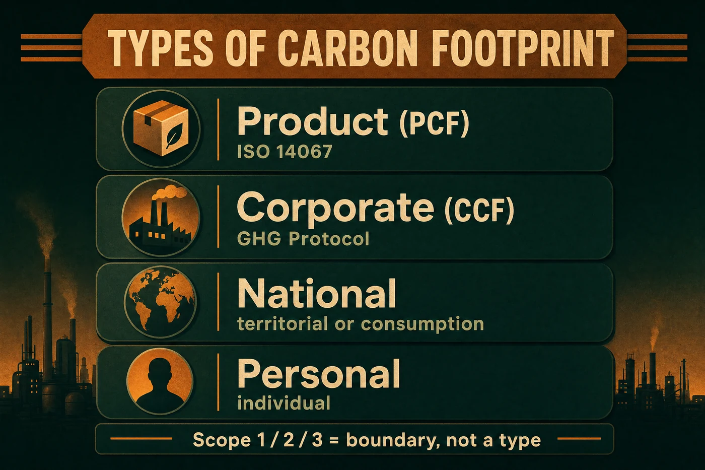 The four types of carbon footprint: product, corporate, national and personal, with the Scope 1-2-3 boundary noted