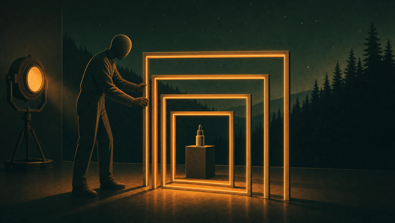 Faceless figure arranging four nested carbon-footprint measuring frames at night