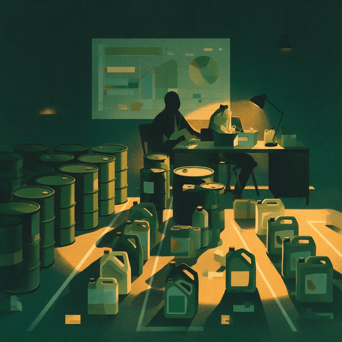 Consultant cataloguing industrial oil drums into labelled lanes during a used oil EPR data audit