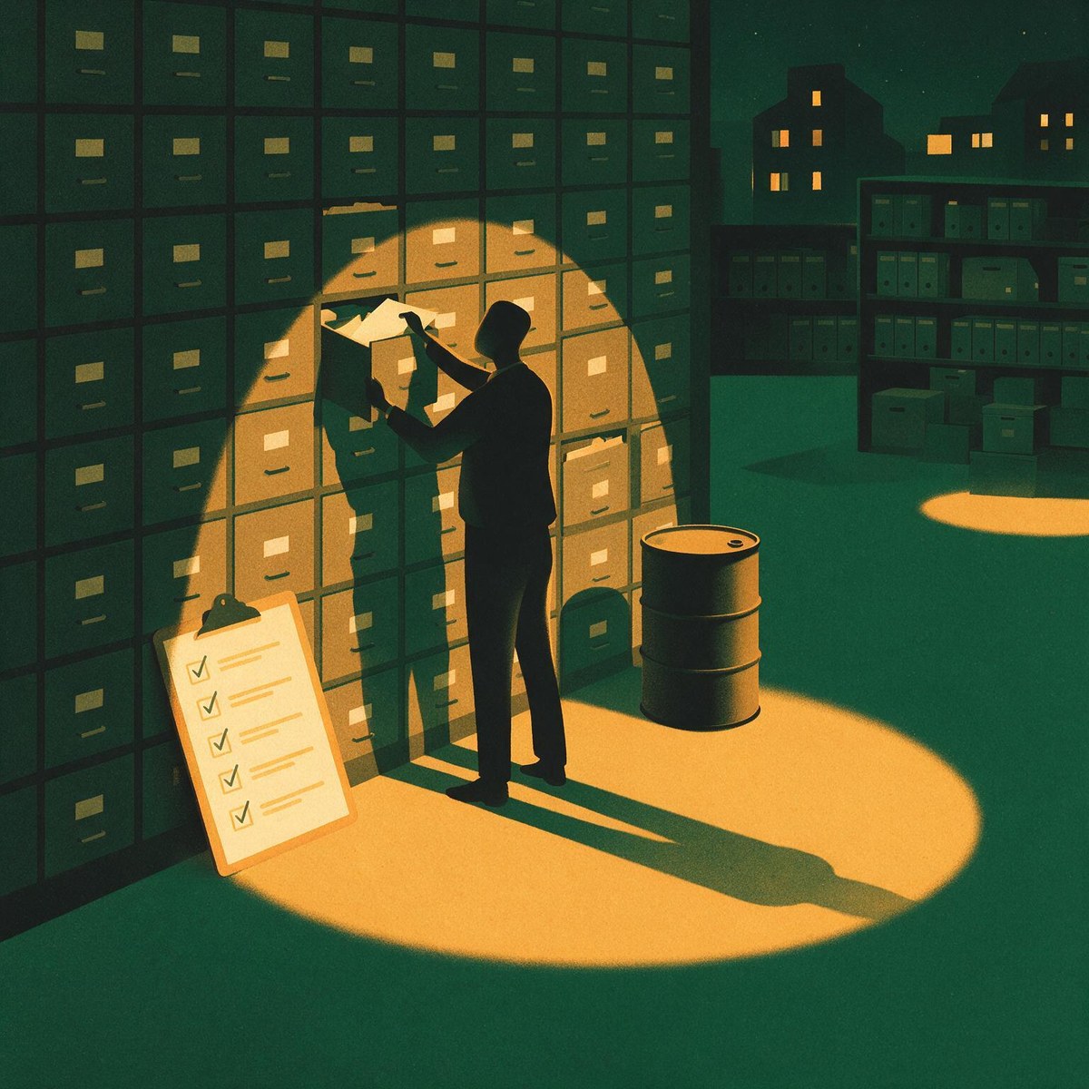 Consultant filing a used oil EPR return into a wall of records with a ticked compliance checklist