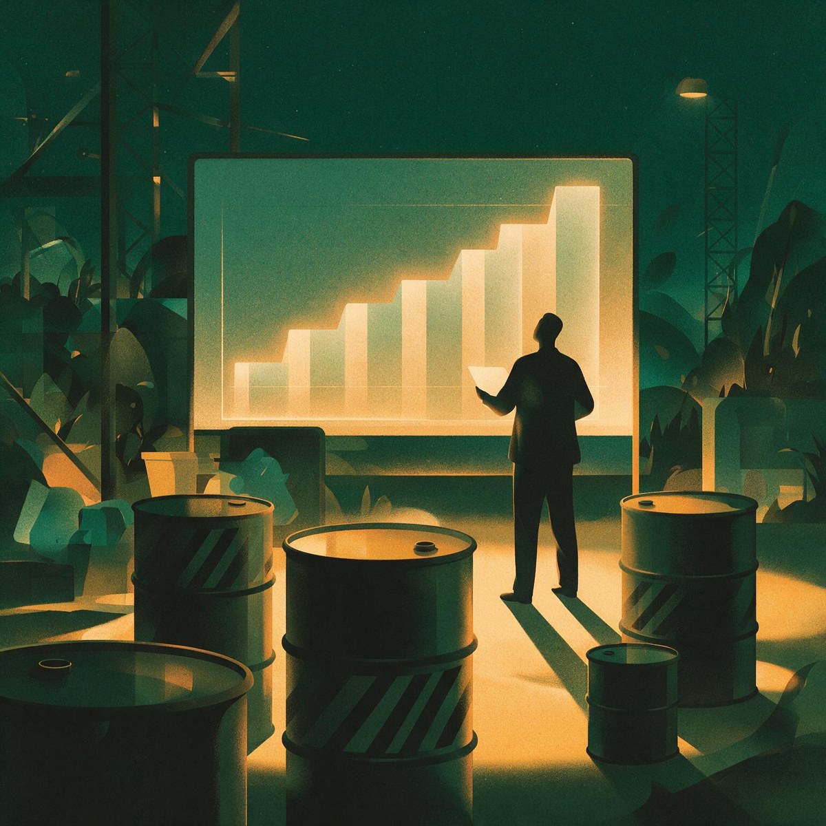 Consultant scoping the used oil recycling target beside a chart and oil drums