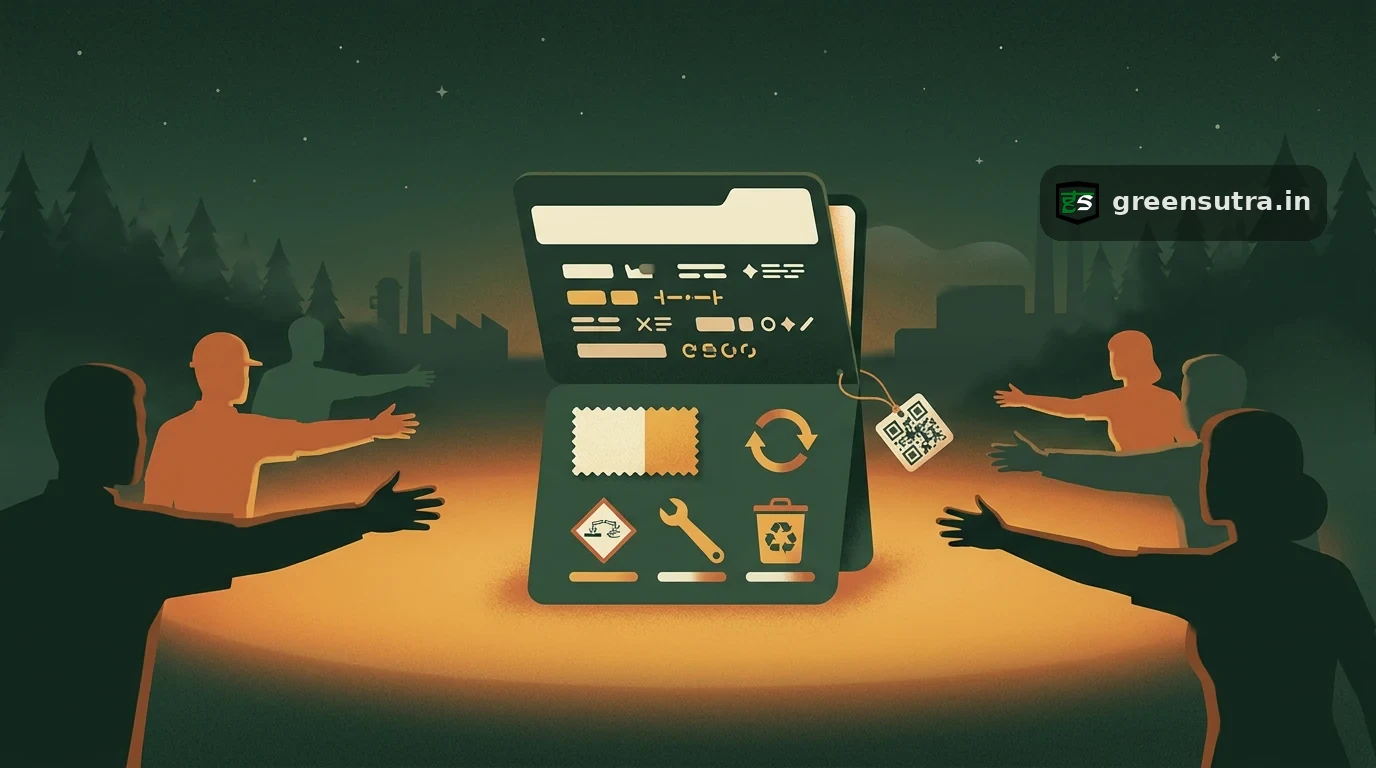 What a DPP must include: a product opens like a night record card of icon fields, a QR-glyph tag, tiered readers reaching in