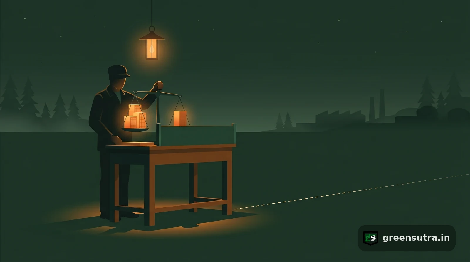 Night-vector figure weighing a company carbon footprint against separate avoided emissions on a balance scale