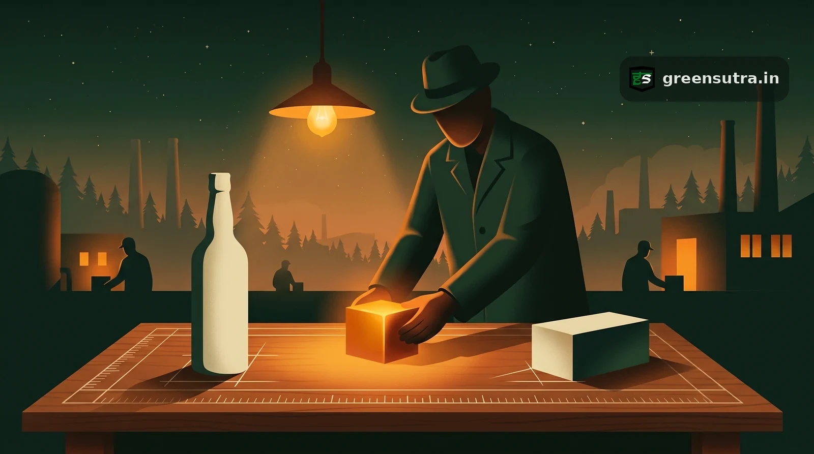 Night-vector scene of a faceless figure setting one reference block between two differently sized products in life cycle assessment