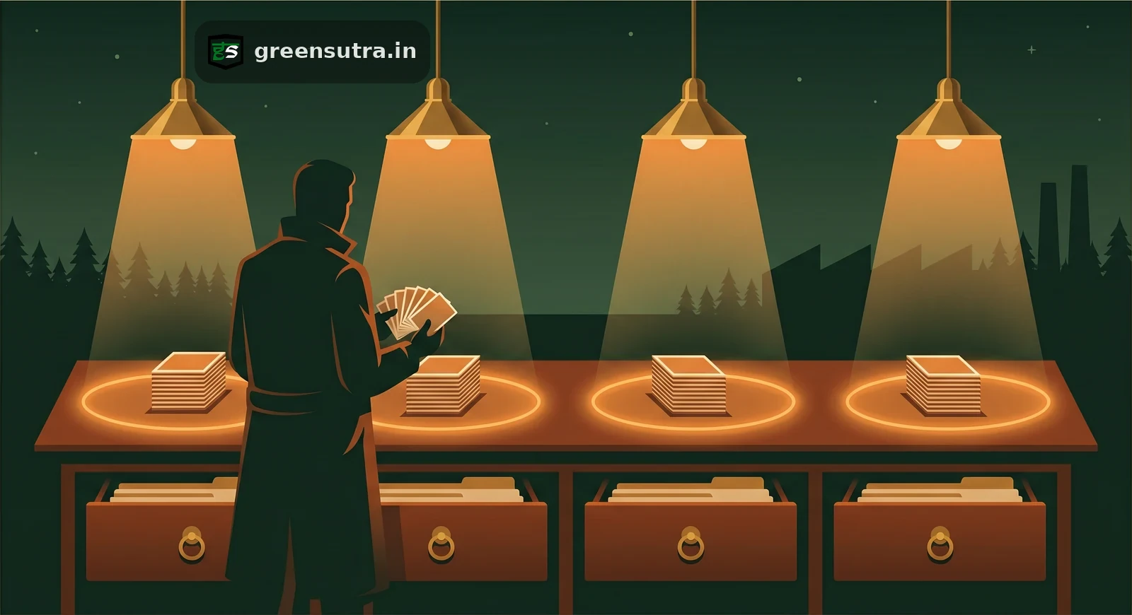 Faceless worker sorting category cards under four amber lamps, illustrating a product category rule in life cycle assessment