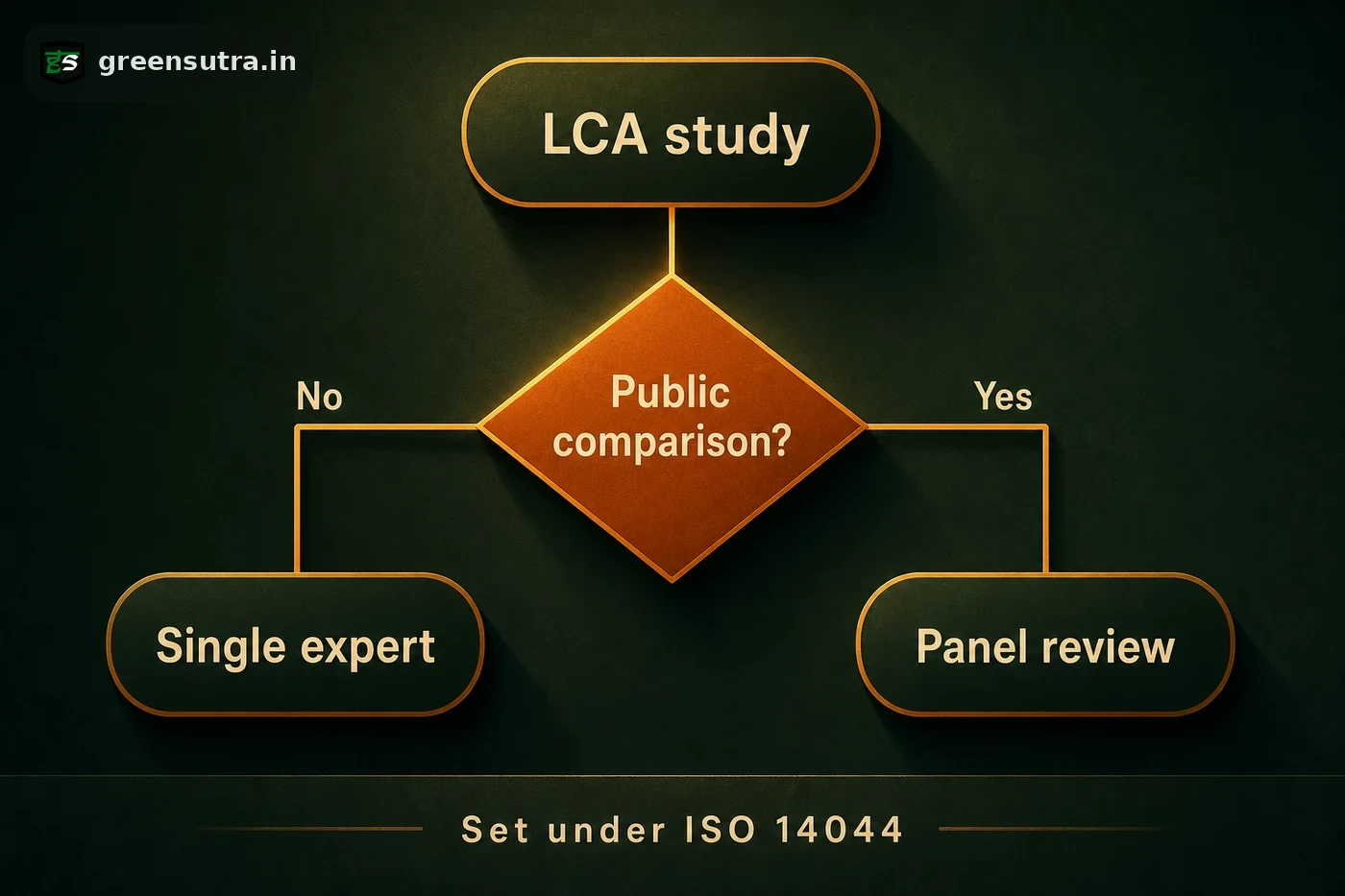 Decision diagram: a public comparative assertion in an LCA triggers a panel critical review, not a single expert