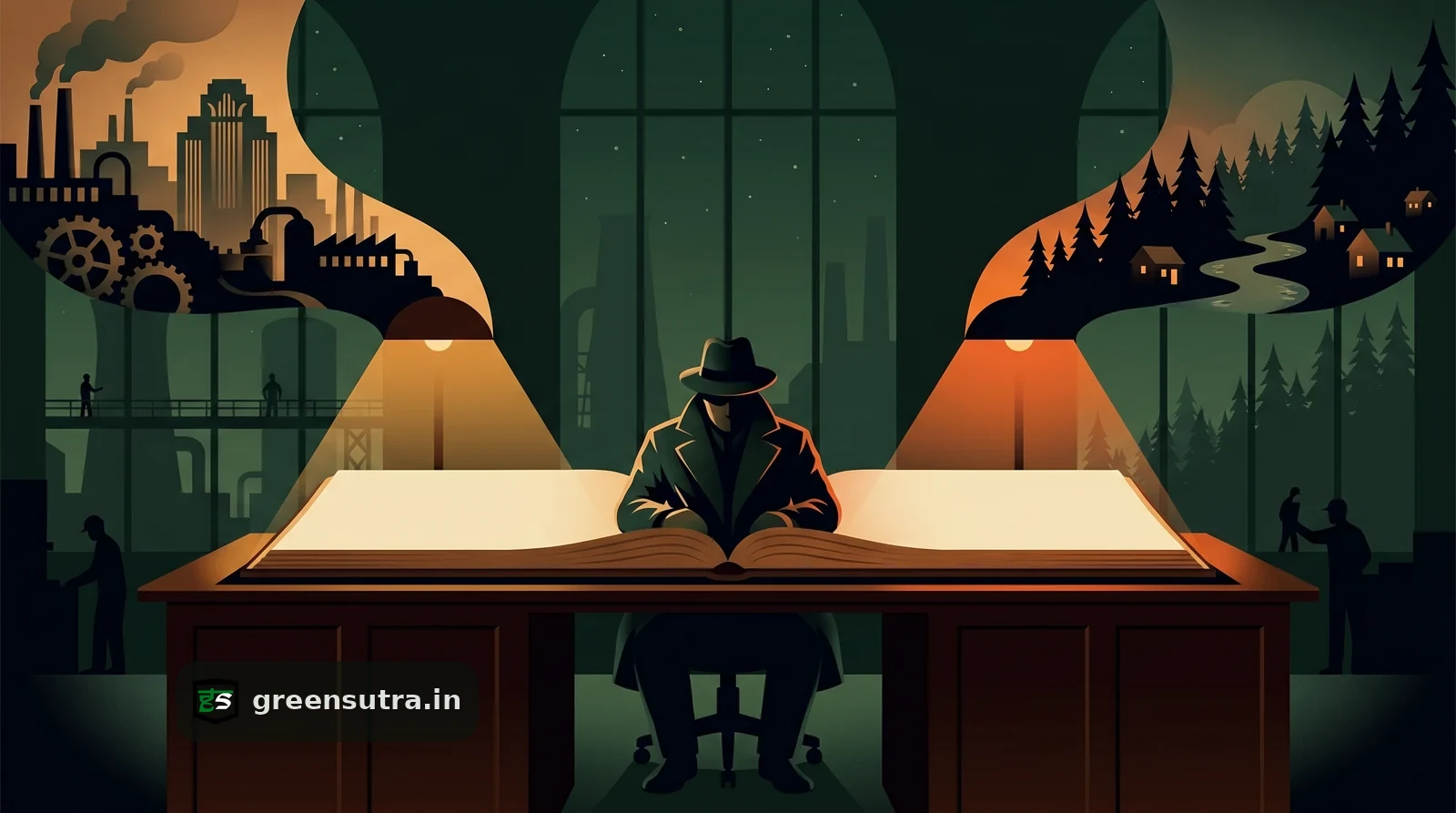 ESG double materiality: faceless figure at a night ledger desk reading two amber-lit facing pages