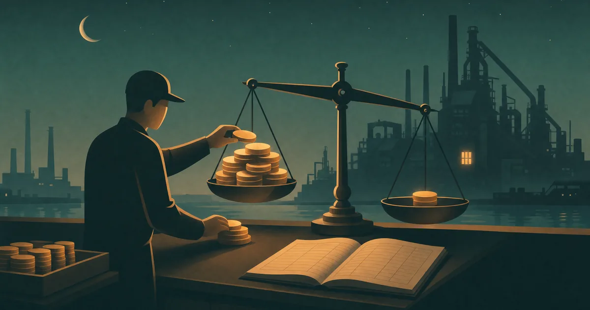 Night counting scene: a clerk weighs a full tray of amber tokens against a small stack before a steel plant
