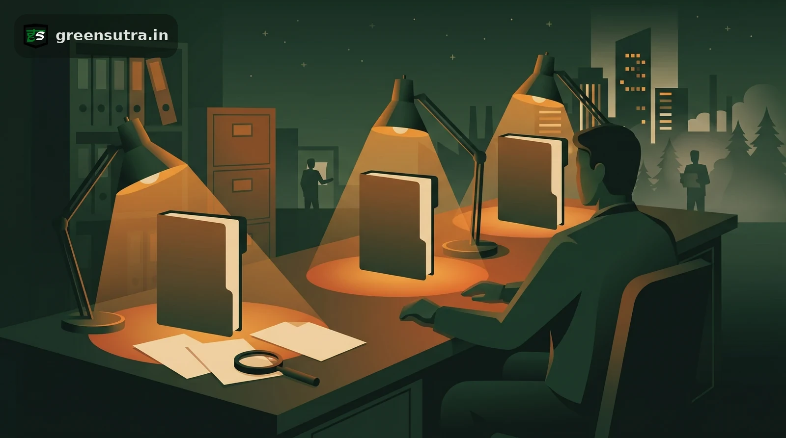Night-vector scene of a faceless analyst sorting three ESG fund folders under amber desk lamps, SFDR ledger motif.