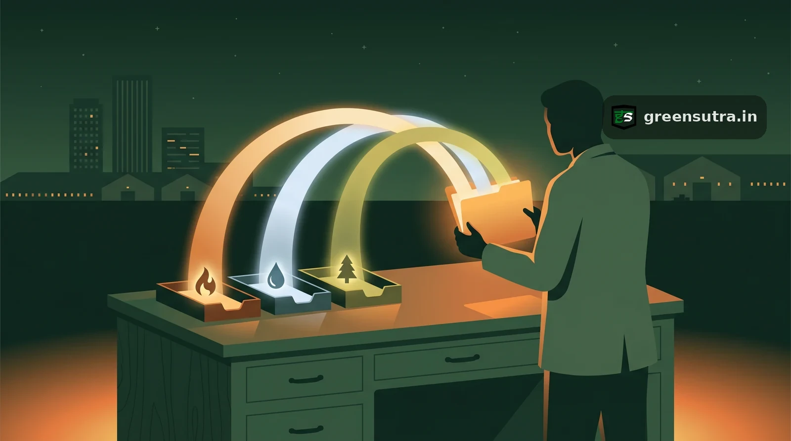 Night-vector figure braids three glowing streams into one folder, illustrating the CDP questionnaire in ESG disclosure.