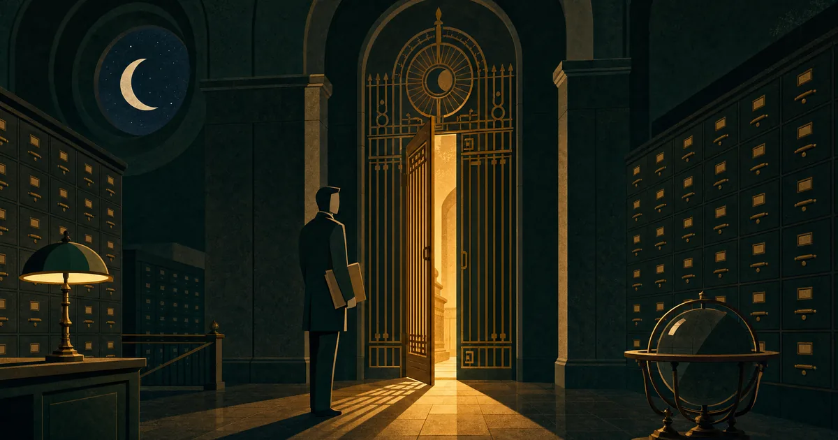 Brass registry gate standing open in a night archive hall with a clerk waiting before it