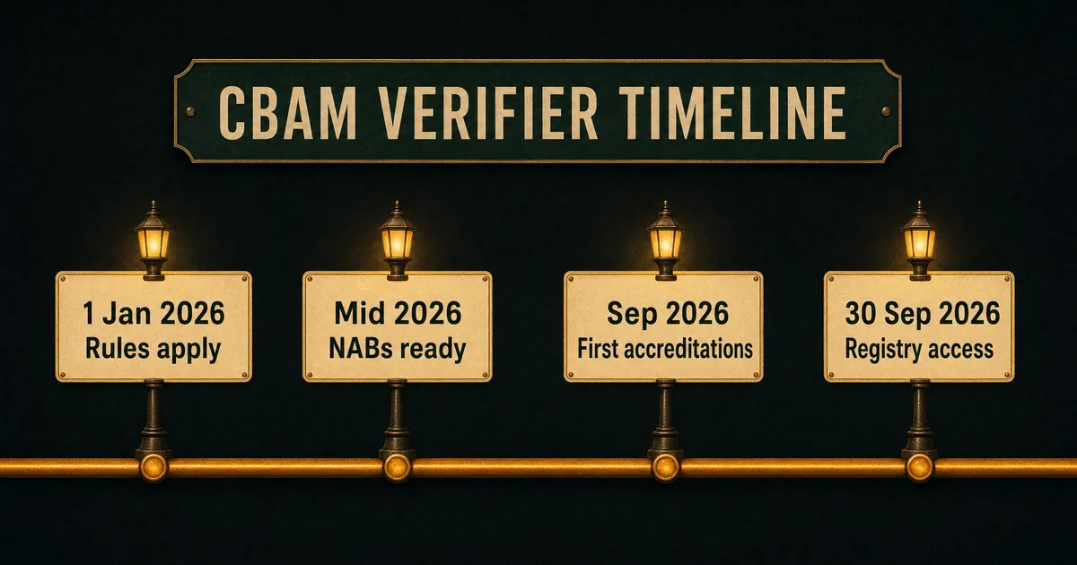 Timeline of CBAM verifier accreditation from January 2026 rules to September 2026 registry access