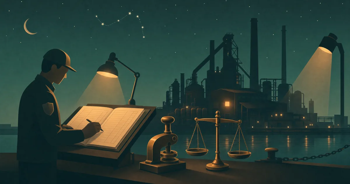 Night accreditation scene: an inspector reviews an emissions ledger beside a seal press and balance scale outside a steel plant