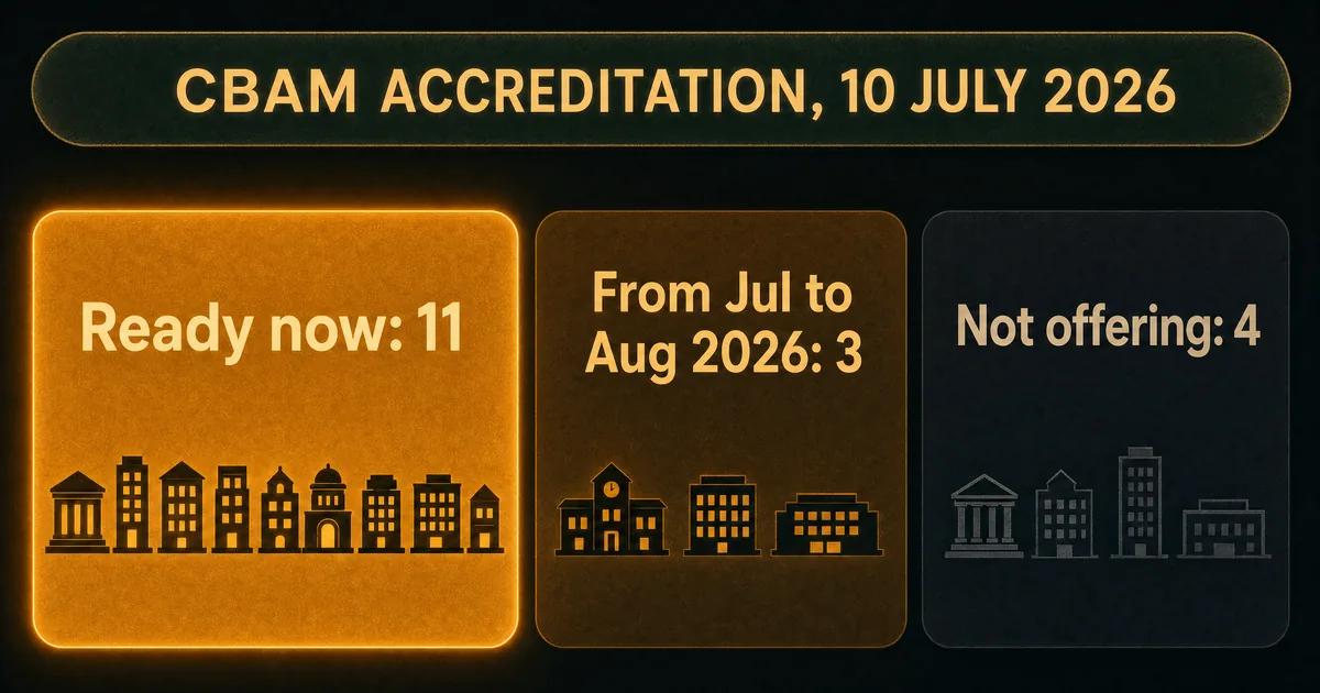Status chart of CBAM accreditation bodies on 10 July 2026: 11 ready, 3 following, 4 not offering
