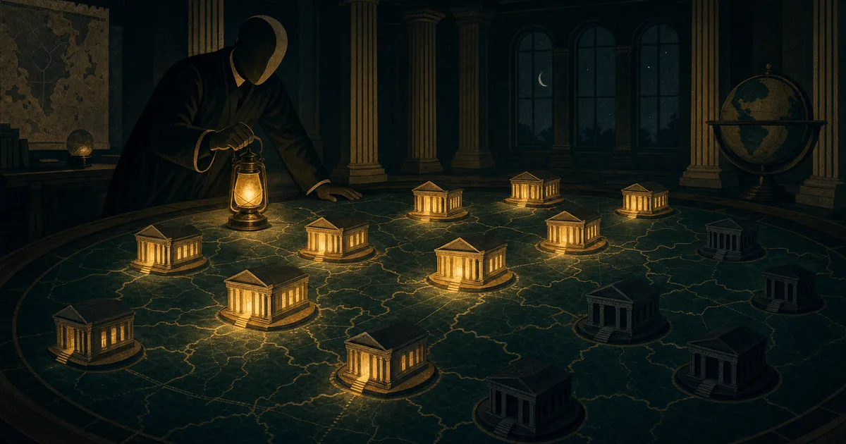 Map table of national accreditation bodies at night, eleven lit amber and four dark