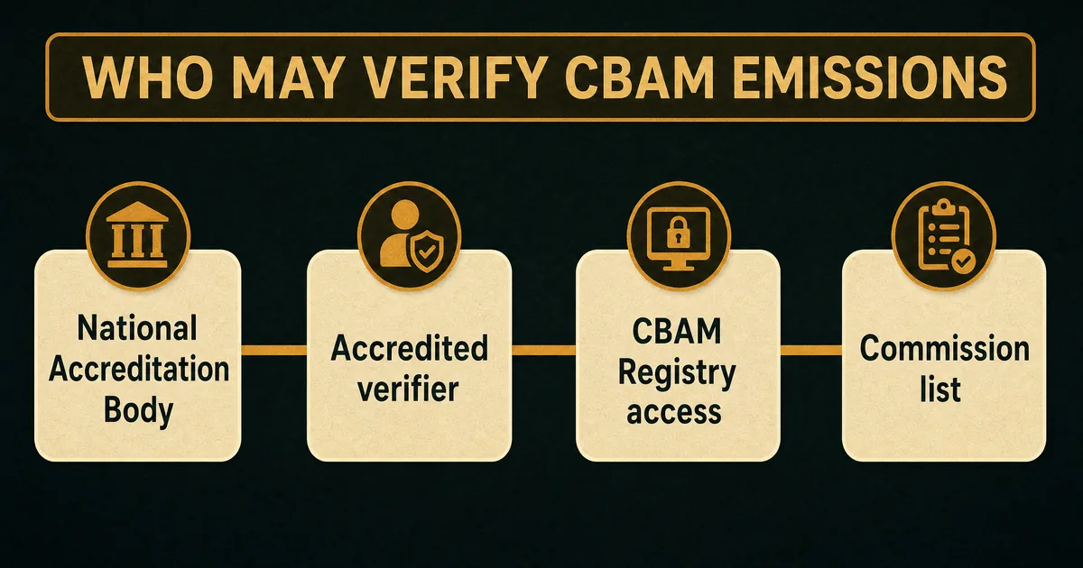Chain diagram: National Accreditation Body, accredited verifier, CBAM Registry access, Commission list