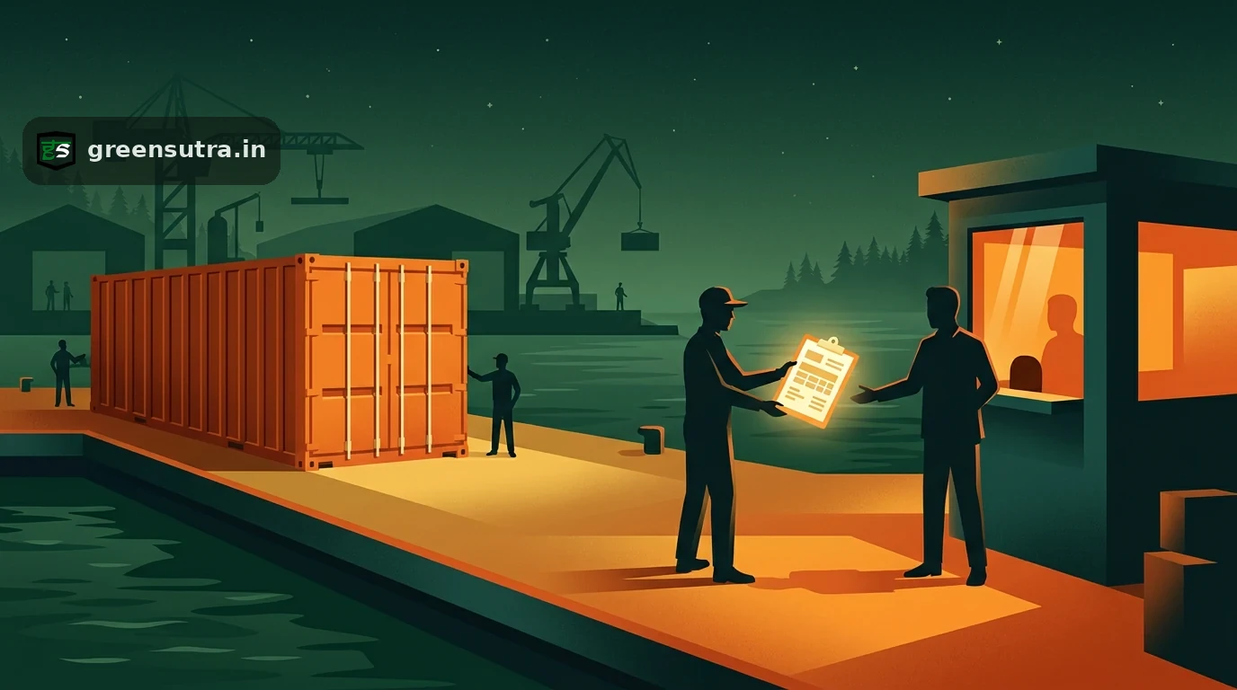 Dock worker hands a clipboard of ESG metrics to an overseas buyer at a night quay, verified ESG data buyers