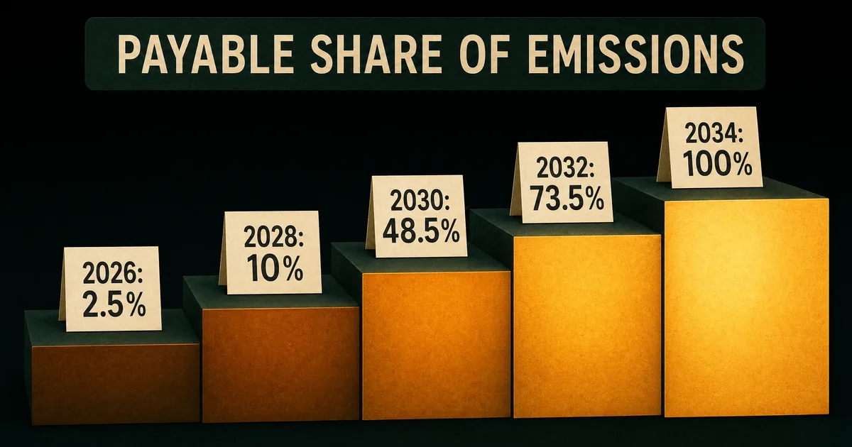 Step chart of the CBAM payable share rising from 2.5 percent in 2026 to 100 percent in 2034