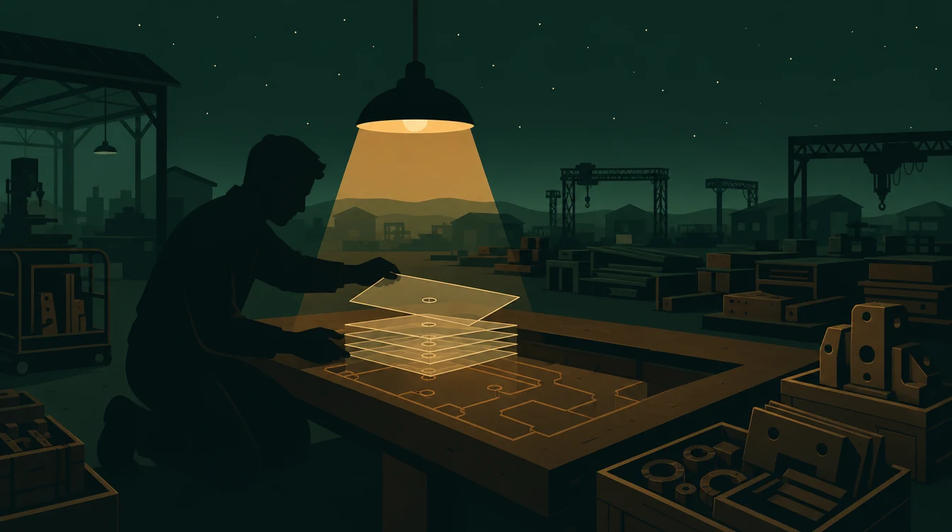 Flat editorial night illustration: A faceless figure kneels at a low bench, lowering one transparent pane onto a stack of others above an outline of a workshop floor cut into the benchtop.