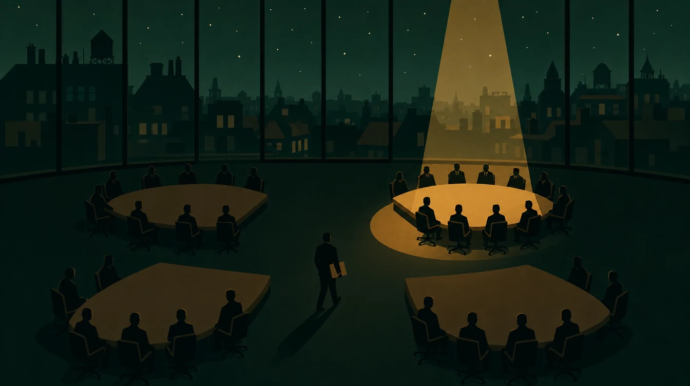 Flat editorial night illustration: Seen from high above, a long oval boardroom table split into four segments drifted apart, each ringed by faceless seated figures.
