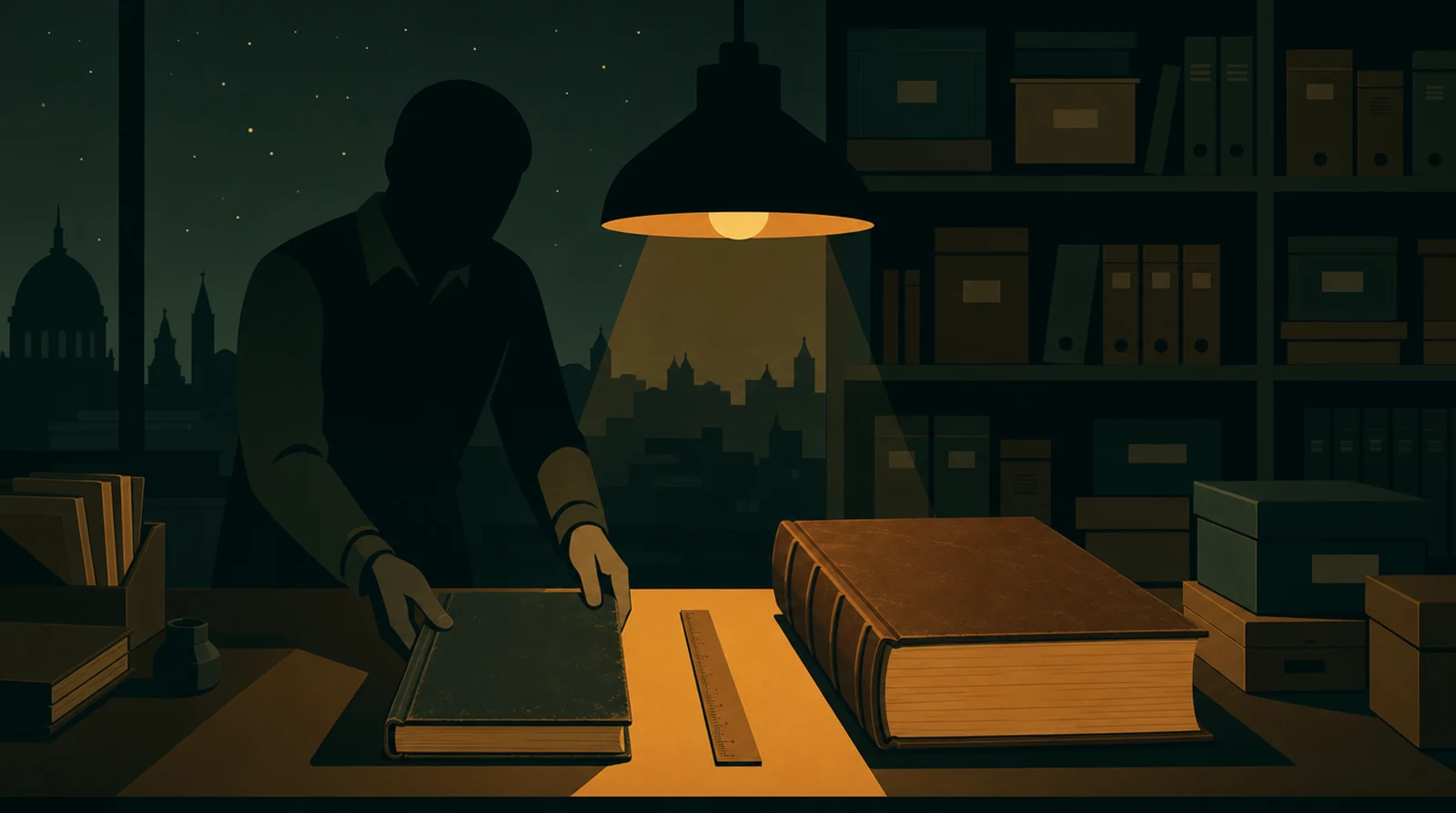Flat editorial night illustration: A faceless figure sets a slim old ledger beside a much thicker new one on a desk, a measuring rule laid between them, amber lamp above, archive shelves behind in silhouette.