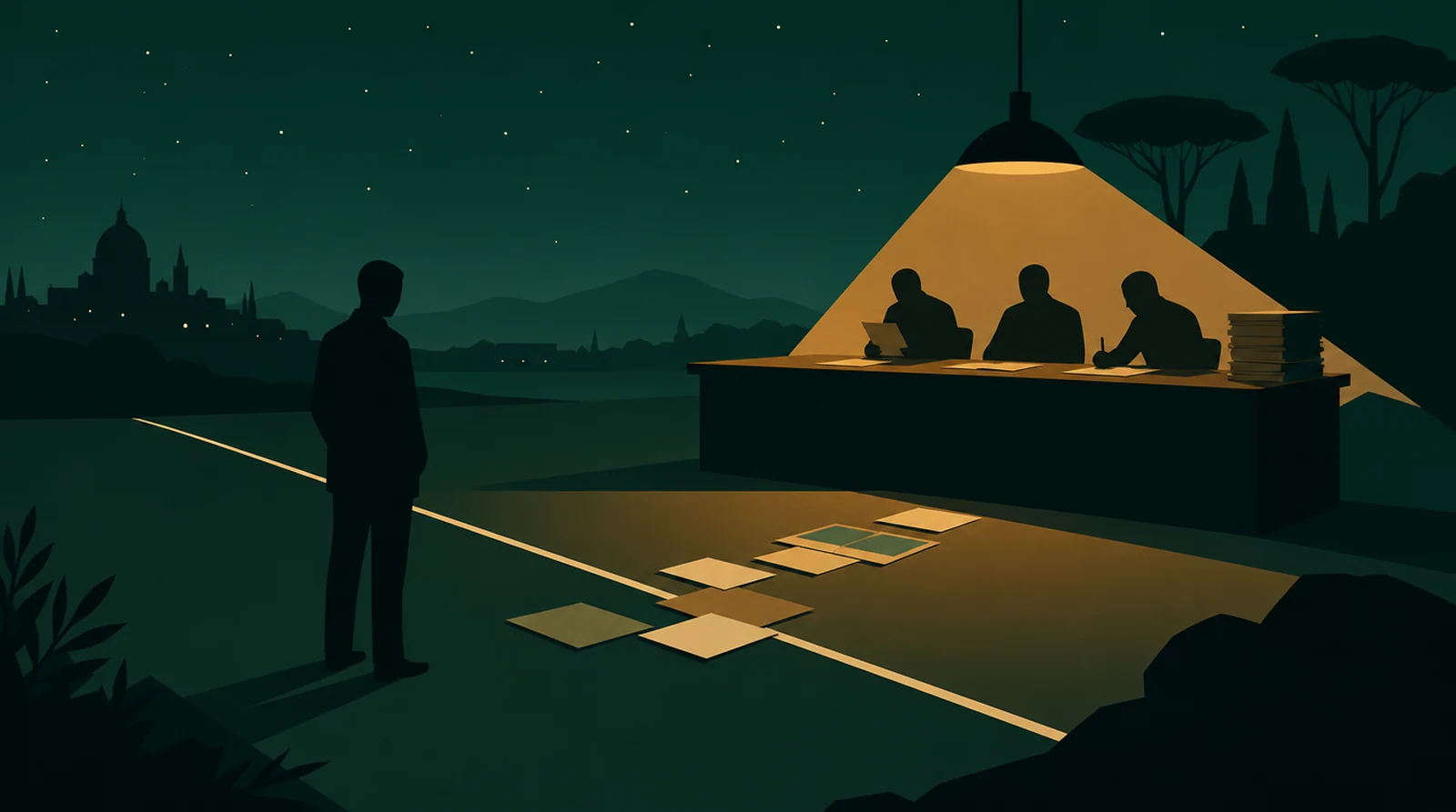 Flat editorial night illustration: A faceless figure is separated from a stamped review desk by a drawn boundary line, documents crossing the line but the figure not, amber light on the far desk, green night.