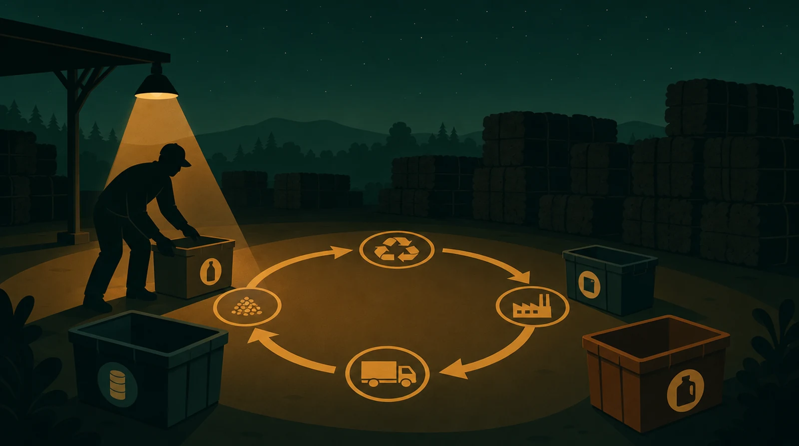 Flat editorial night illustration: A faceless figure sorts labelled waste containers into a recovery loop marked on the floor, the loop drawn in amber, stacked bales in silhouette behind, green night.