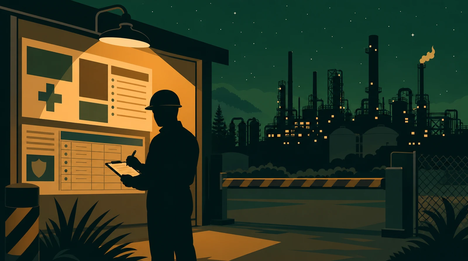 Flat editorial night illustration: A faceless figure at a plant gate logs hours worked and incidents onto a safety board, an amber lamp over the board, plant silhouette and green night sky behind.