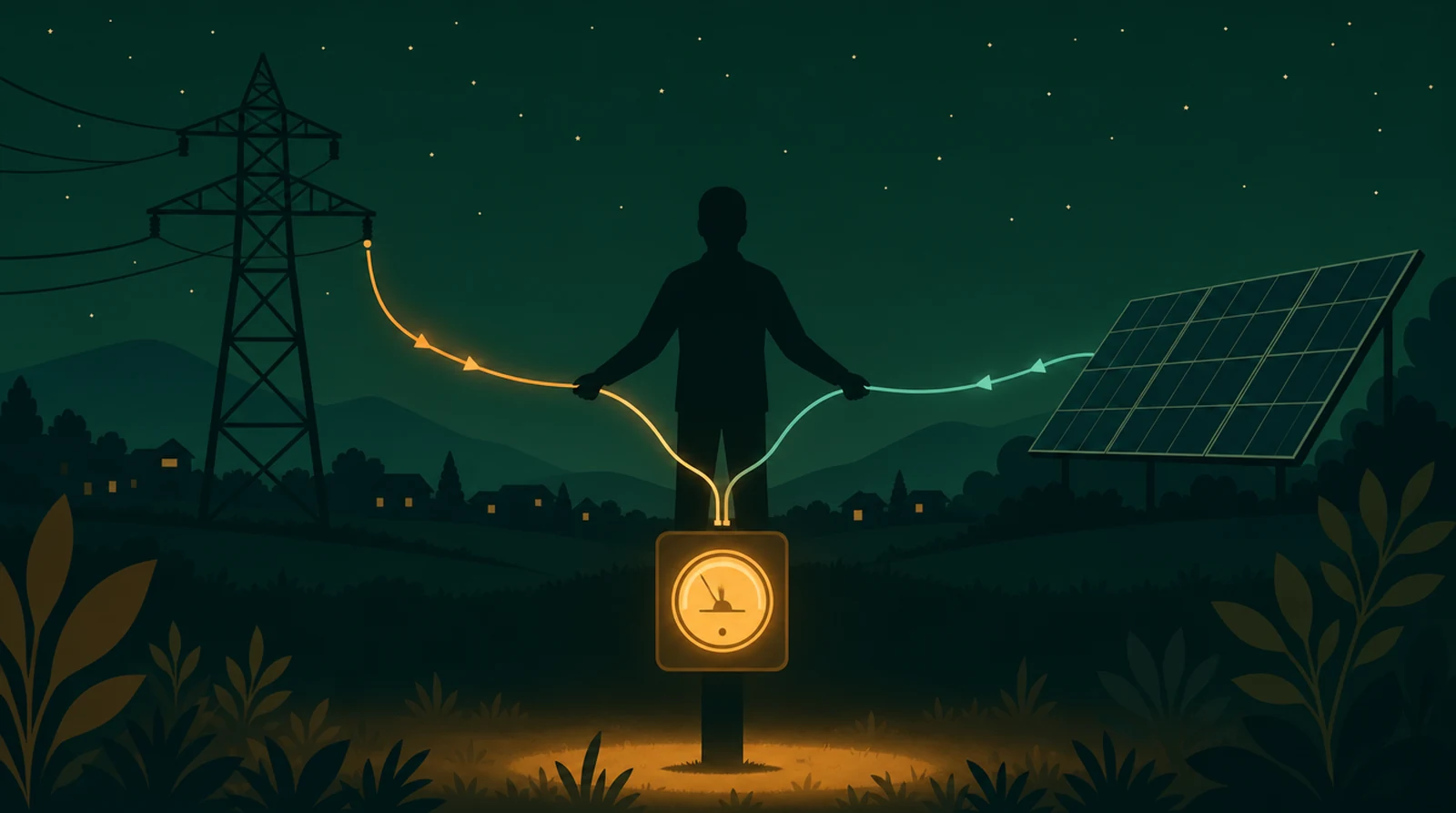 Flat editorial night illustration: A faceless figure balances two supply lines, one from a grid pylon and one from a solar array, into a single meter, amber glow at the meter, deep green night field.