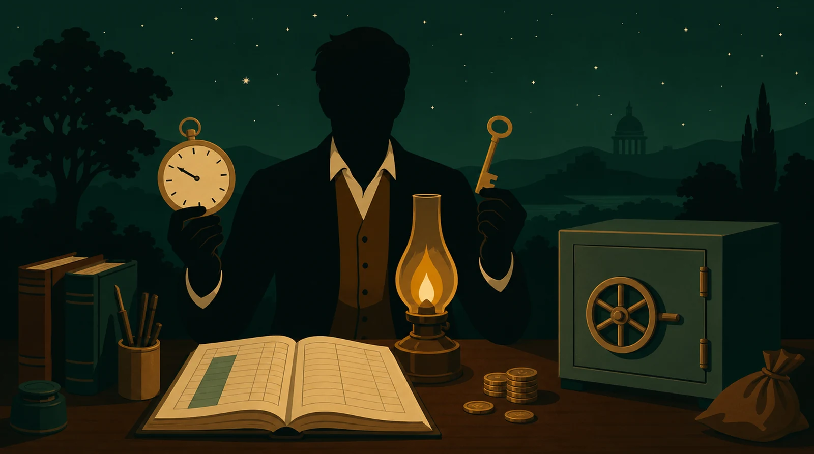 Flat editorial night illustration: A faceless figure holds a payment clock in one hand and a sealed data vault key in the other above an open ledger, amber lamp between them, green night field.
