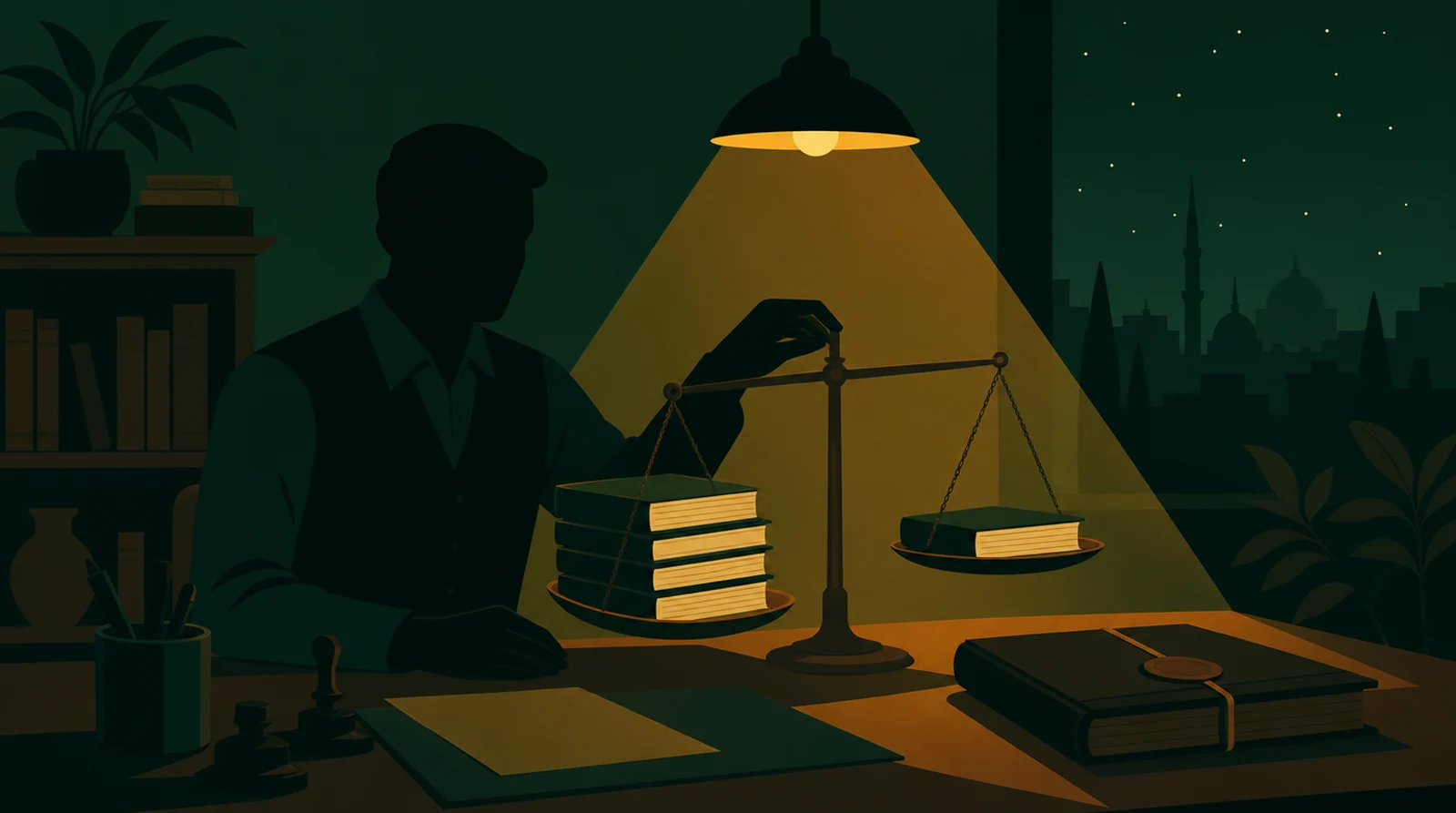 Flat editorial night illustration: A faceless figure weighs two wage ledgers on a balance beam beside a sealed complaints register, amber lamp above the balance, deep green night office.
