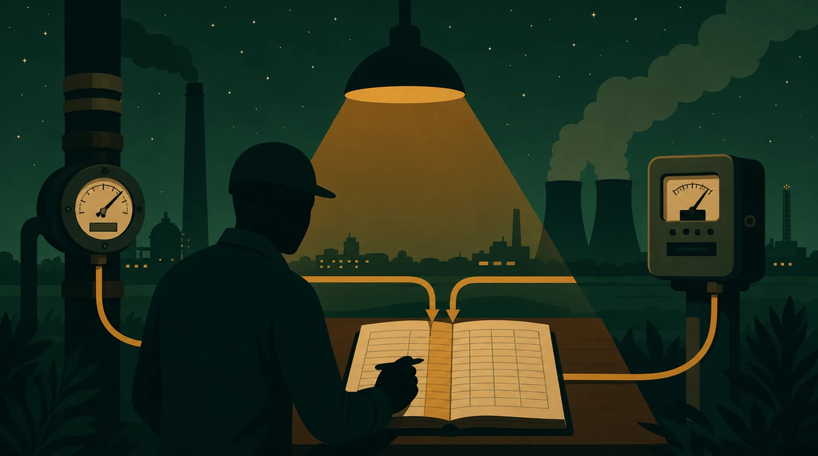 Flat editorial night illustration: A faceless figure reads a stack flue meter and a purchased-power meter into one ledger column, two amber cables converging, green industrial night horizon.