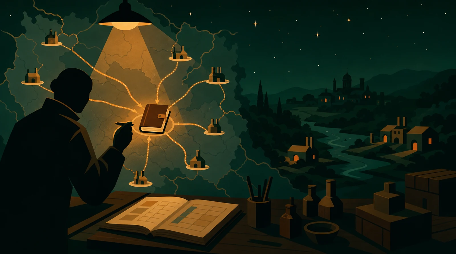 Flat editorial night illustration: A faceless figure traces supply routes from small workshops in outlying settlements toward a central ledger, the routes drawn in amber across a green night map.
