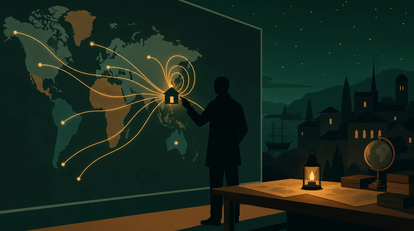 Flat editorial night illustration: A faceless figure maps trade flows on a wall where several lines loop back to the same connected house, those loops picked out in amber, green night field.