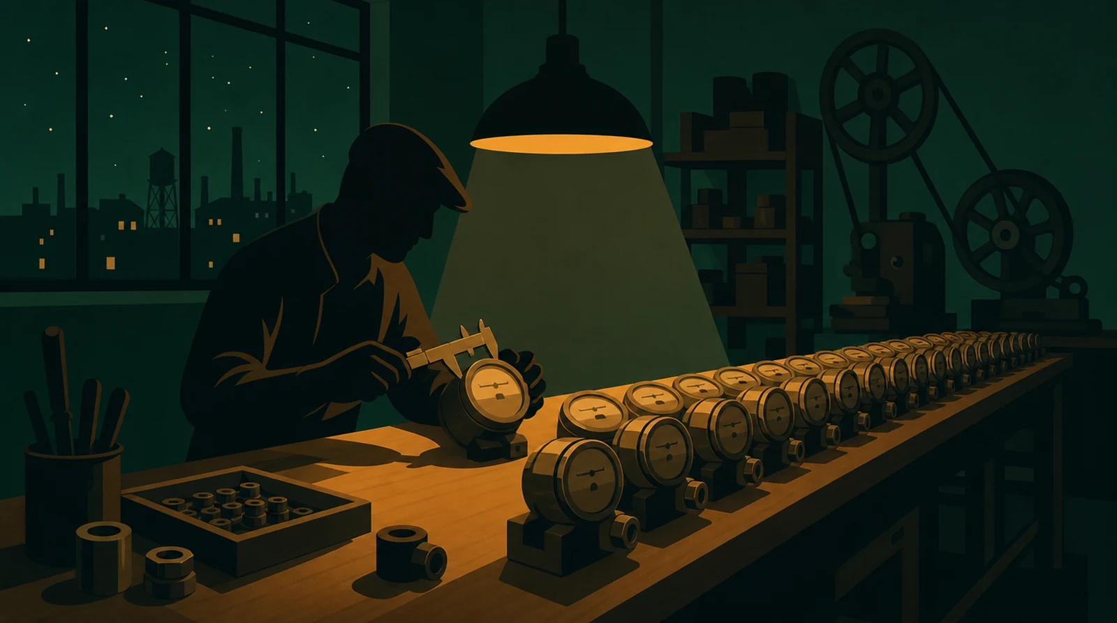Flat editorial night illustration: A faceless figure divides a single meter reading against a long row of identical produced units on a bench, amber lamp over the bench, green night workshop.