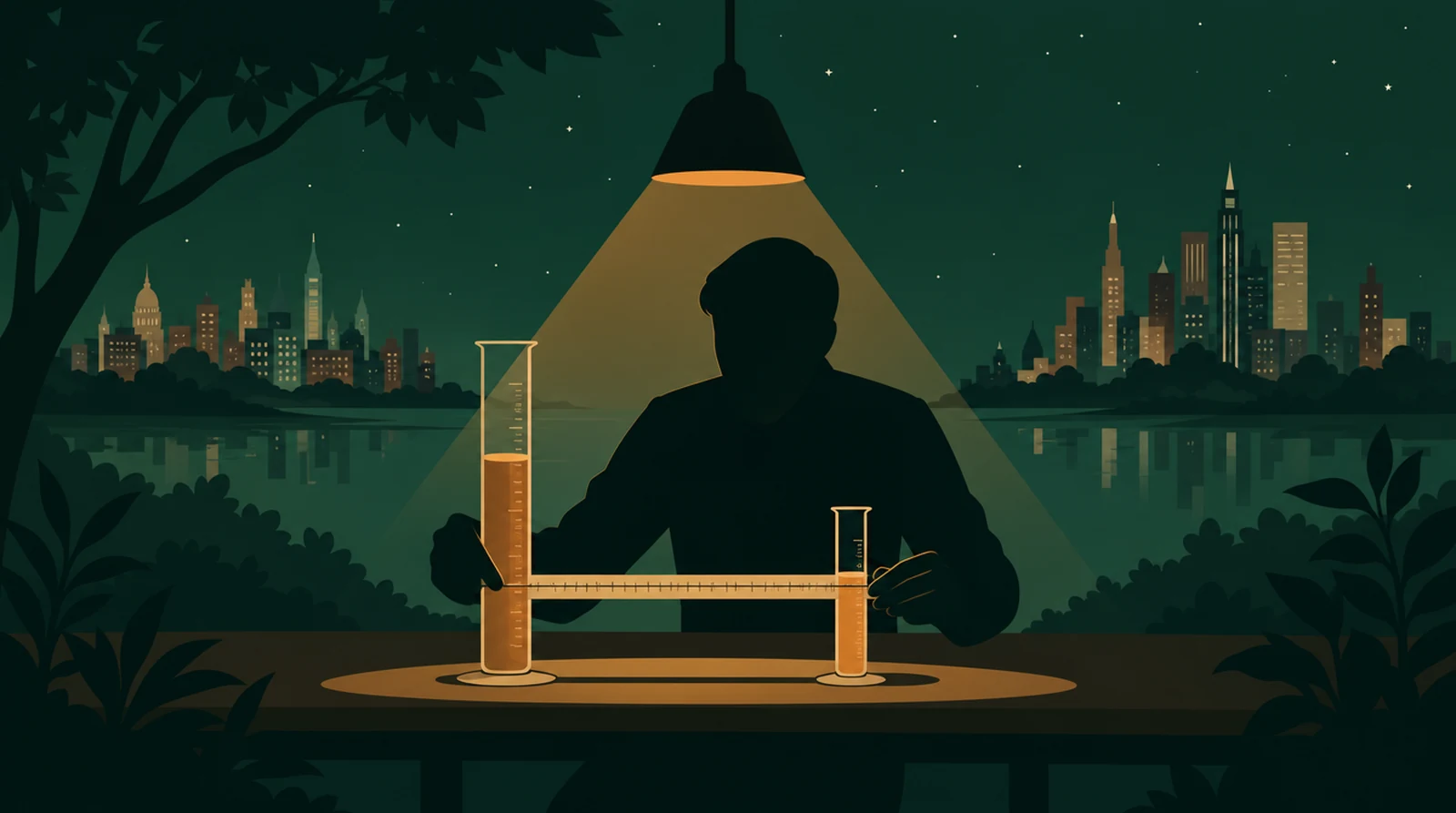 Flat editorial night illustration: A faceless figure levels two unequal measuring cylinders with a conversion rule laid between them, amber liquid in both, green night field, distant twin skylines.