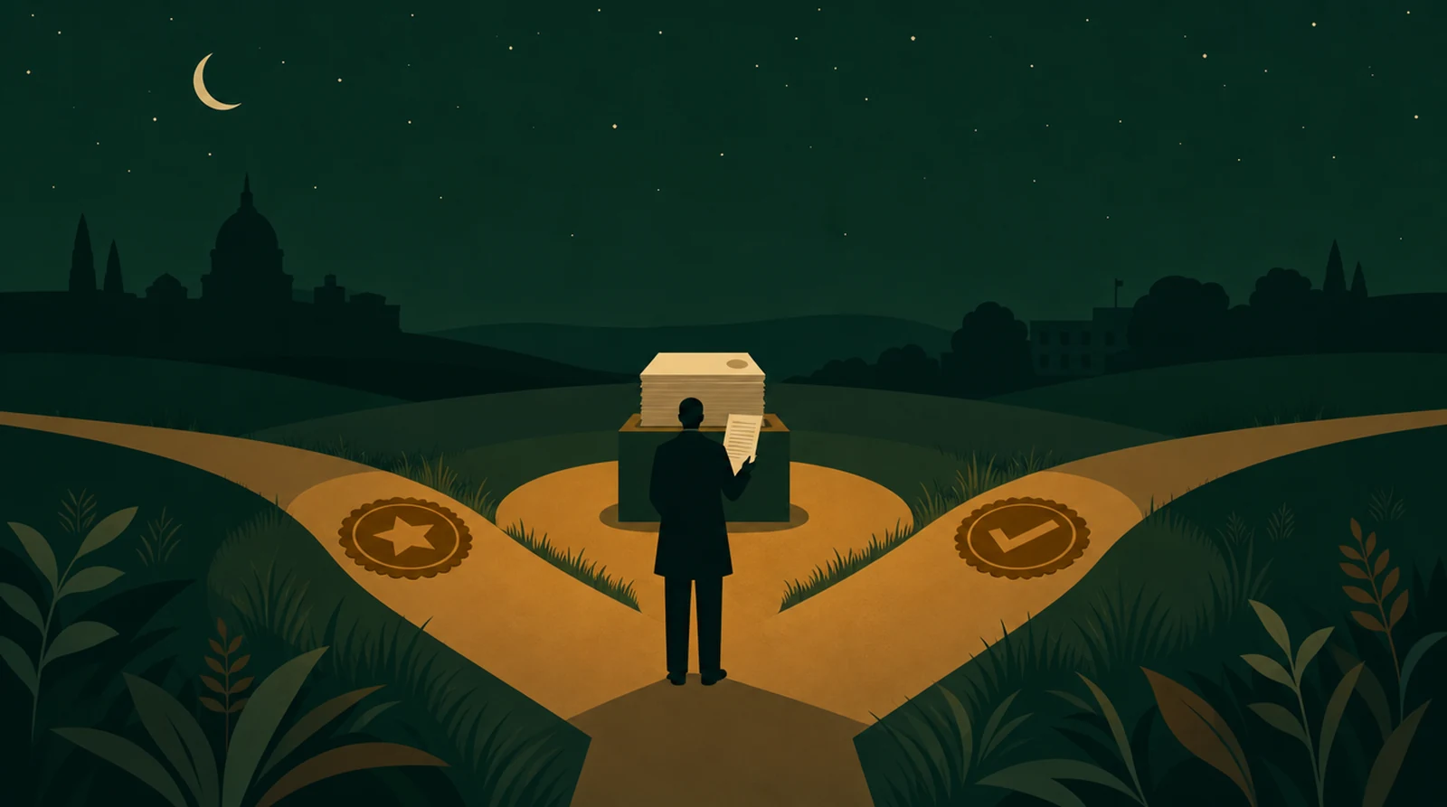 Flat editorial night illustration: A faceless figure stands where two stamped review paths converge onto one filed report, each path marked by a different amber seal, green night field.