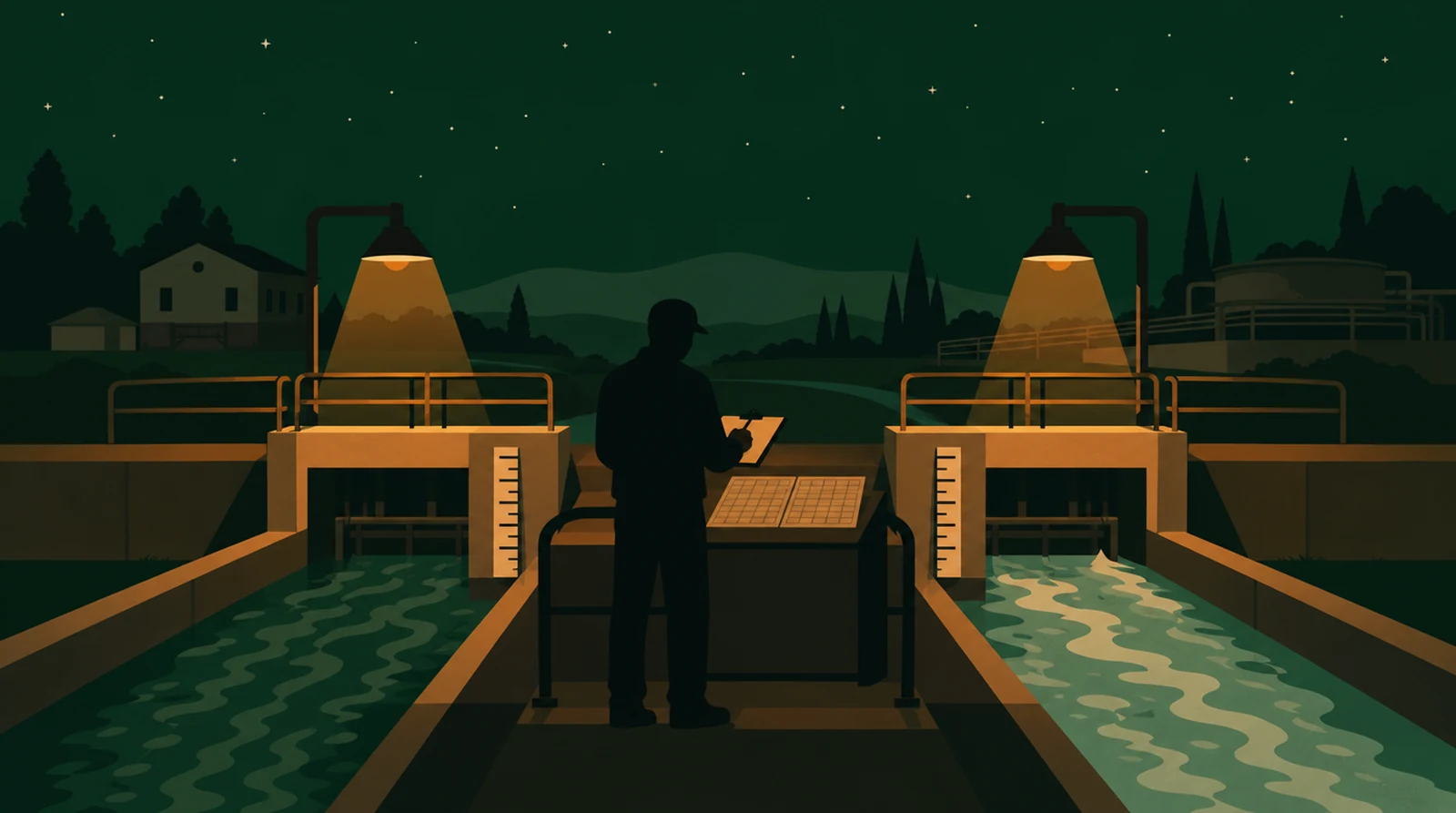 Flat editorial night illustration: A faceless figure gauges an intake channel on one side and a treated outflow channel on the other, both feeding one ledger, amber lamps over each channel, green night.