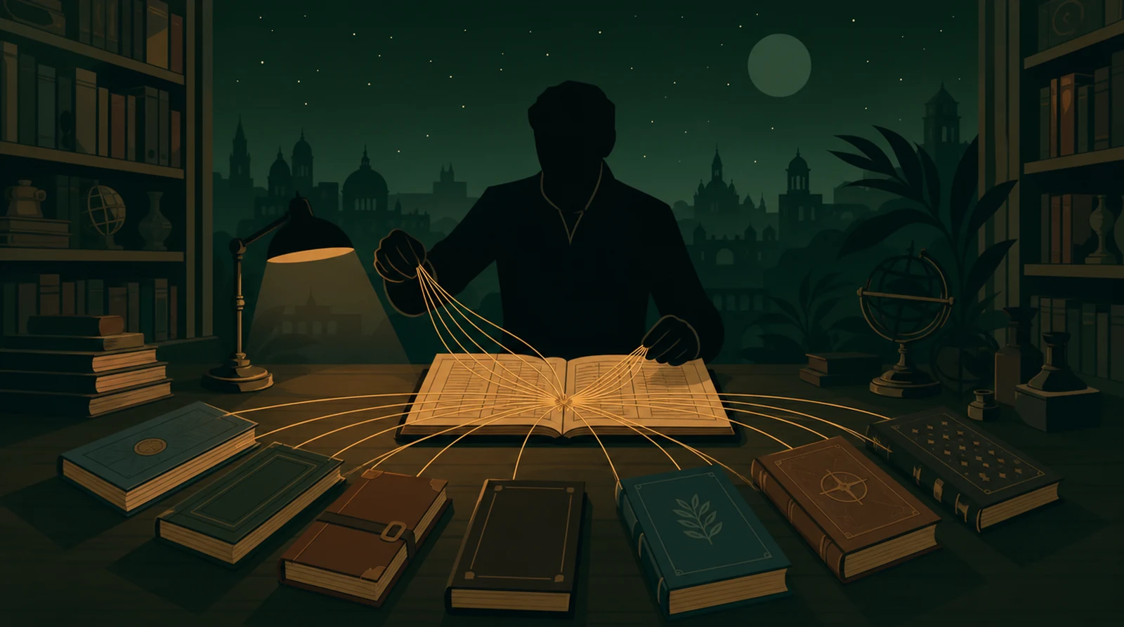 Flat editorial night illustration: A faceless figure draws index threads out from one measured ledger to several differently bound volumes arranged in a fan, the threads amber, green night library.