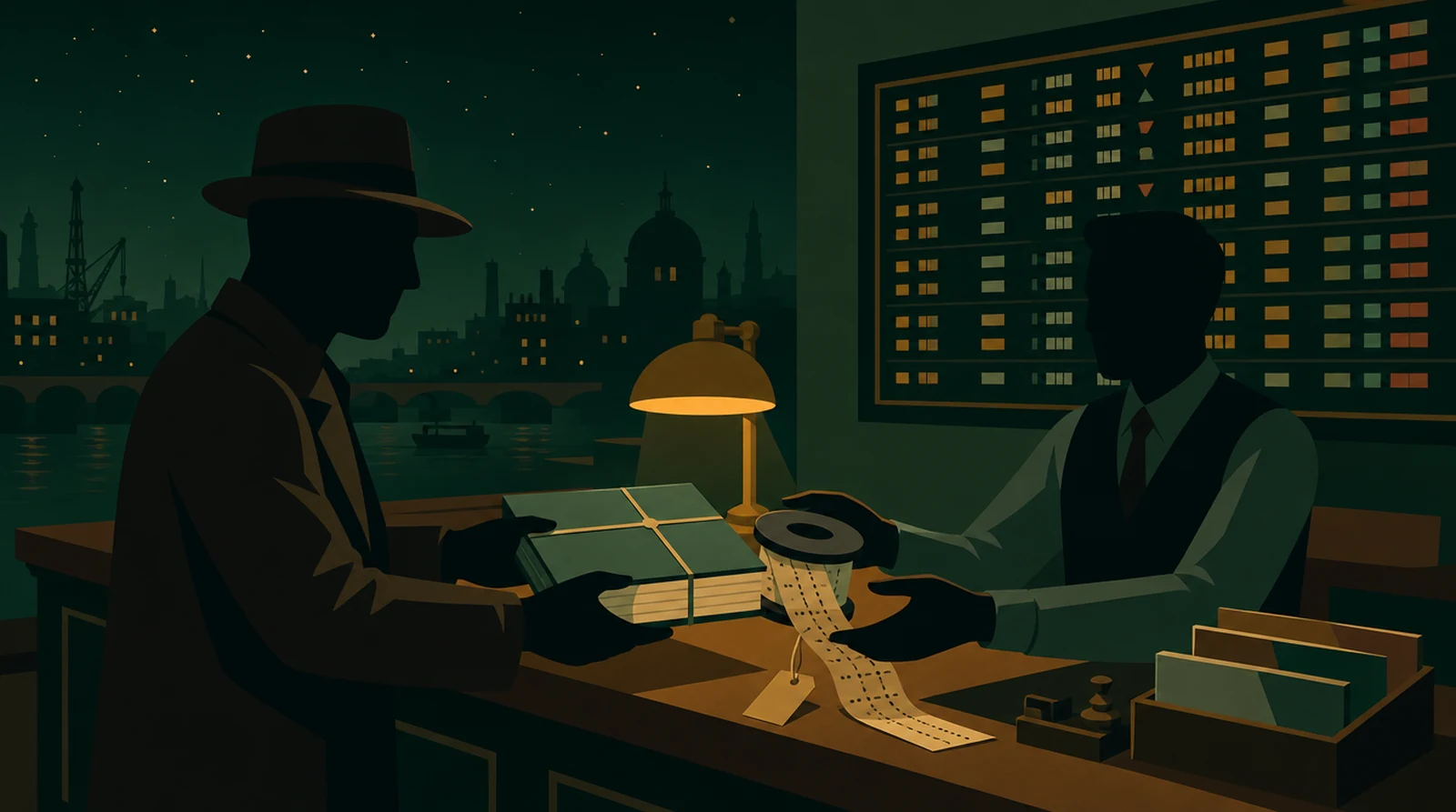 Flat editorial night illustration: A faceless figure hands a bound report and a tagged data spool across a counter to an exchange clerk, an amber lamp between them, ticker board glowing on the wall behind.