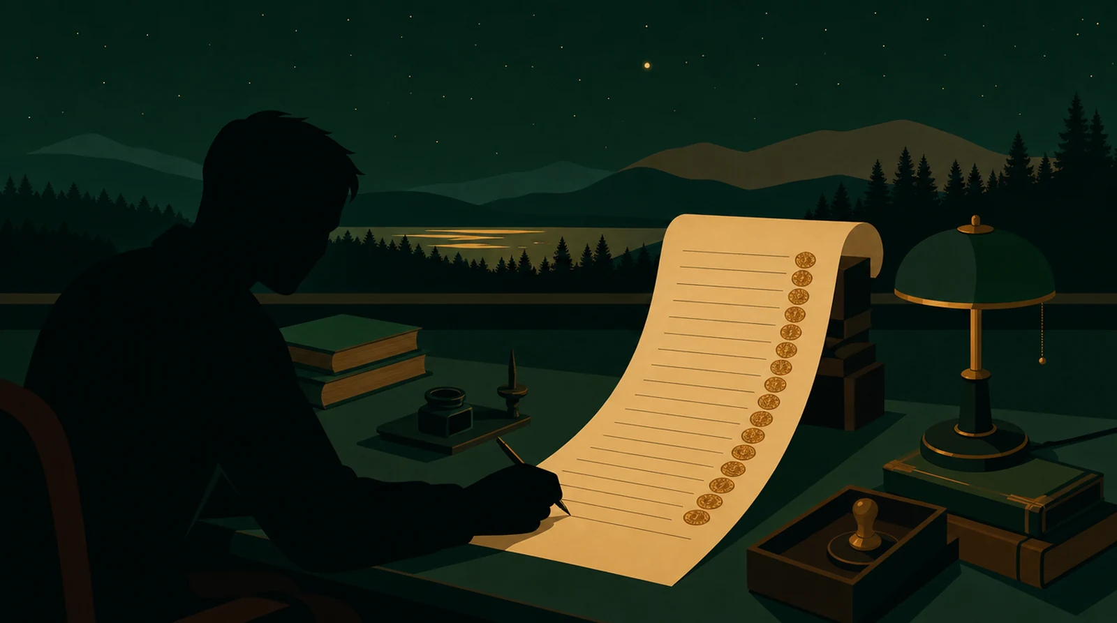 Flat editorial night illustration: A faceless figure enters a single optional line at the foot of a long ledger page, that line left unstamped while the lines above carry amber seals, green night desk.