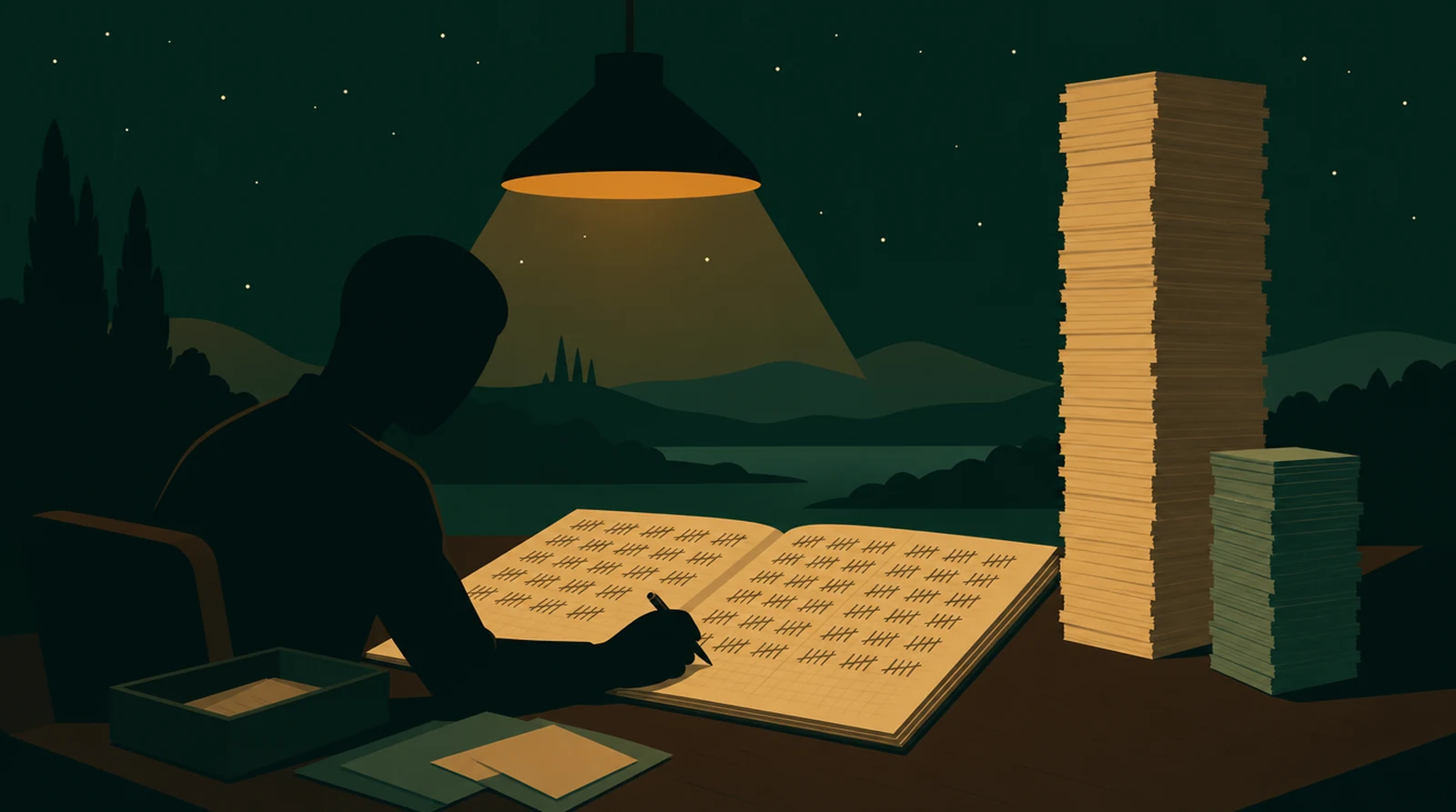 Flat editorial night illustration: A faceless figure counts long rows of tally marks across a wide ledger spread on a desk, two stacked columns of unequal height rising beside it, amber lamp overhead.